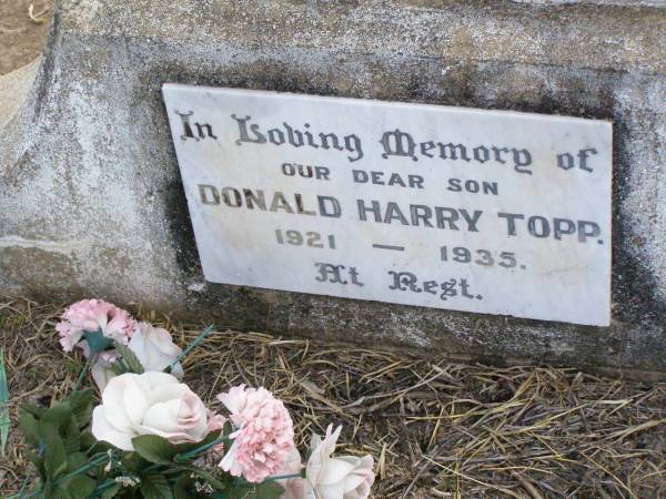Donald Harry TOPP, son,  | 1921 - 1935;  | Ma Ma Creek Anglican Cemetery, Gatton shire  | 