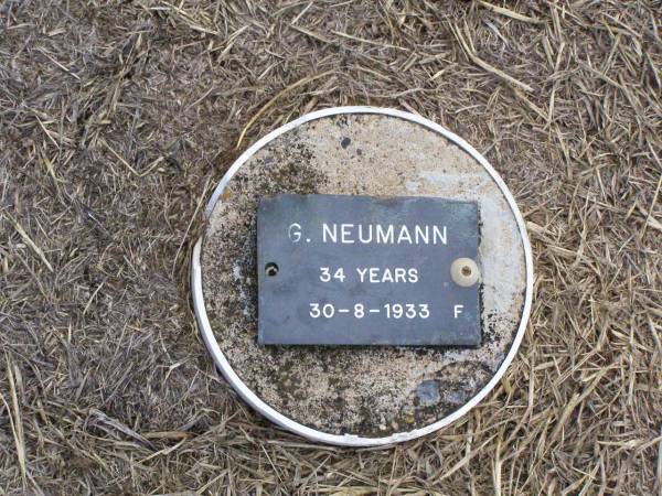 G. NEUMANN, female,  | died 30-8-1933 aged 34 years;  | Ma Ma Creek Anglican Cemetery, Gatton shire  | 