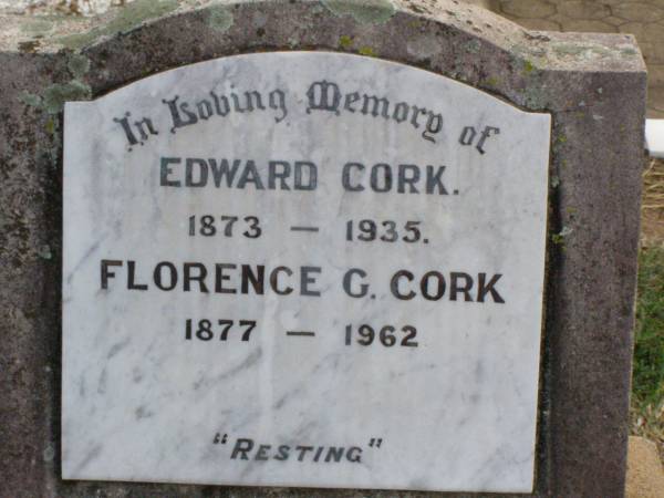 Edward CORK, 1873 - 1935;  | Florence G. CORK, 1877 - 1962;  | Ma Ma Creek Anglican Cemetery, Gatton shire  | 