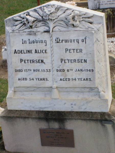 Adeline Alice PETERSEN,  | died 15 Nov 1933 aged 54 years;  | Peter PETERSEN,  | died 8 Jan 1969 aged 94 years;  | Andrew Robert BELL, son,  | died 9-11-1973 aged 3 months;  | Ma Ma Creek Anglican Cemetery, Gatton shire  | 