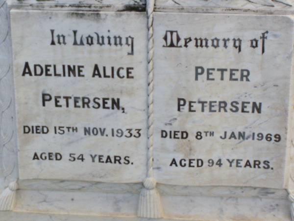 Adeline Alice PETERSEN,  | died 15 Nov 1933 aged 54 years;  | Peter PETERSEN,  | died 8 Jan 1969 aged 94 years;  | Andrew Robert BELL, son,  | died 9-11-1973 aged 3 months;  | Ma Ma Creek Anglican Cemetery, Gatton shire  | 