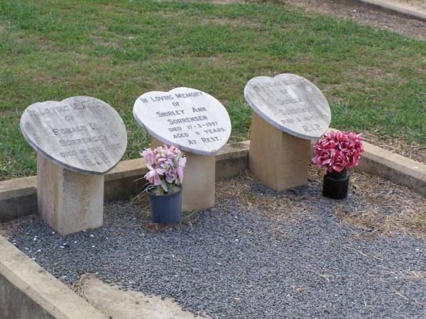 Ronald R. SORRENSEN,  | died 4 Dec 1937;  | Shirley Ann SORRENSEN,  | died 17-3-1957 aged 11 years;  | Doreen M. SORRENSEN,  | died 3 Nov 1938;  | Ma Ma Creek Anglican Cemetery, Gatton shire  | 