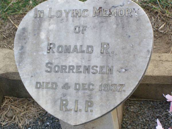 Ronald R. SORRENSEN,  | died 4 Dec 1937;  | Shirley Ann SORRENSEN,  | died 17-3-1957 aged 11 years;  | Doreen M. SORRENSEN,  | died 3 Nov 1938;  | Ma Ma Creek Anglican Cemetery, Gatton shire  | 