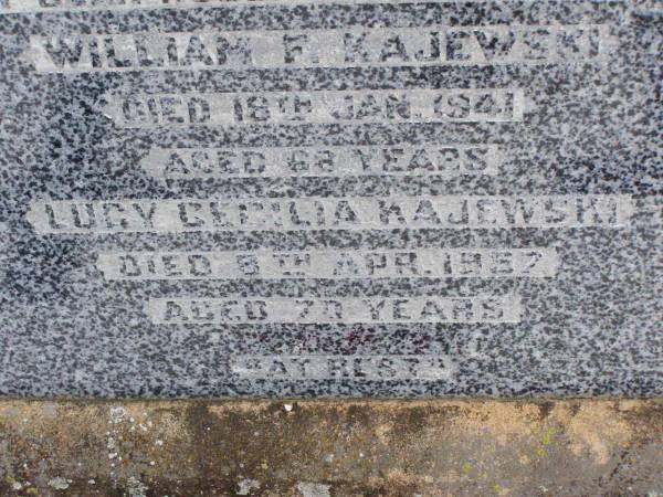 William F. KAJEWSKI, husband father,  | died 18 Jan 1941 aged 68 years;  | Lucy Cecilia KAJEWSKI,  | died 8 Apr 1957 aged 70 years;  | Betty KAJEWSKI, daughter sister,  | died 2 Nov 1953 aged 21 years;  | Ma Ma Creek Anglican Cemetery, Gatton shire  | 