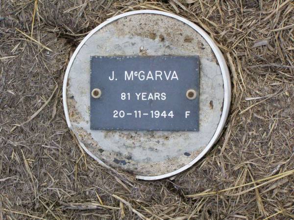 J. MCGARVA, female,  | died 20-11-1944 aged 81 years;  | Ma Ma Creek Anglican Cemetery, Gatton shire  | 