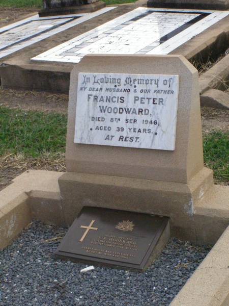 Francis Peter WOODWARD, husband father,  | died 8 Sept 1946 aged 39 years;  | F.P. WOODWARD,  | died 8 Sept 1946 aged 40 years,  | missed by wife & sons;  | Ma Ma Creek Anglican Cemetery, Gatton shire  | 