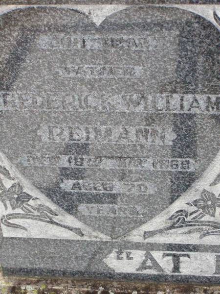 Frederick William REIMANN, father,  | died 18 May 1969 aged 70 years;  | Martha Matilda REIMANN, wife mother,  | died 6 Dec 1949 aged 52 years;  | Ma Ma Creek Anglican Cemetery, Gatton shire  | 