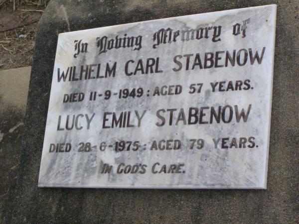 Wilhelm Carl STABENOW,  | died 11-9-1949 aged 57 years;  | Lucy Emily STABENOW,  | died 28-6-1975 aged 79 years;  | Ma Ma Creek Anglican Cemetery, Gatton shire  | 