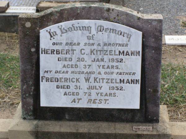 Herbert C. KITZELMANN, son brother,  | died 20 Jan 1952 aged 37 years;  | Frederick W. KITZELMANN, husband father,  | died 31 July 1052 aged 72 years;  | Ma Ma Creek Anglican Cemetery, Gatton shire  | 
