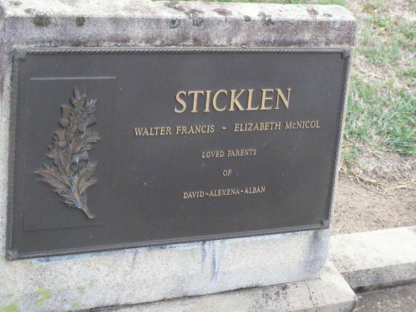 Walter Francis STICKLEN;  | Elizabeth McNicol STICKLEN;  | parents of David, Alexena & Alban;  | Ma Ma Creek Anglican Cemetery, Gatton shire  | 