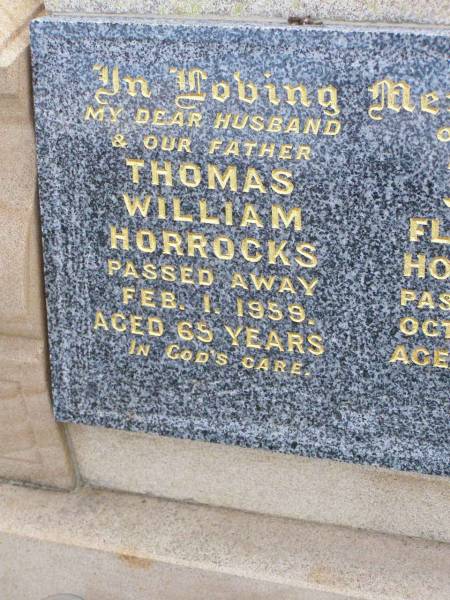 Thomas William HORROCKS, husband father,  | died 1 Feb 1959 aged 65 years;  | Janie Florence HORROCKS, mother,  | died 23 Oct 1963 aged 70 years;  | Ma Ma Creek Anglican Cemetery, Gatton shire  | 