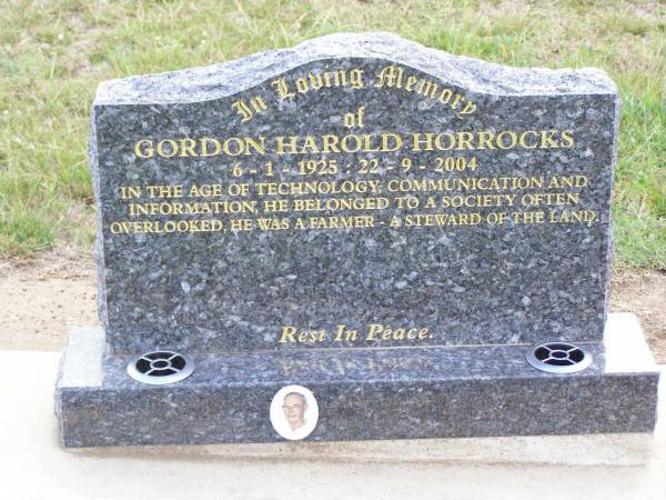 Gordon Harold HORROCKS, farmer,  | 6-1-1925 - 22-9-2004;  | Ma Ma Creek Anglican Cemetery, Gatton shire  | 