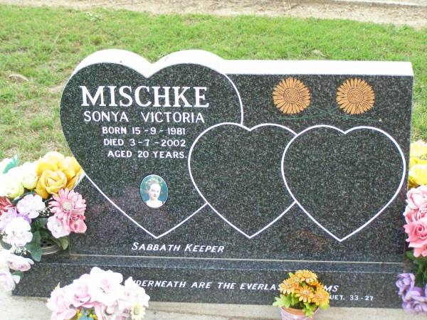 Sonya Victoria MISCHKE,  | born 15-9-1981 died 3-7-2002 aged 20 years;  | Ma Ma Creek Anglican Cemetery, Gatton shire  | 