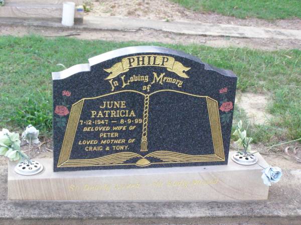 June Patricia PHILP,  | 7-12-1947 - 8-9-99,  | wife of Peter,  | mother of Craig & Tony;  | Ma Ma Creek Anglican Cemetery, Gatton shire  | 