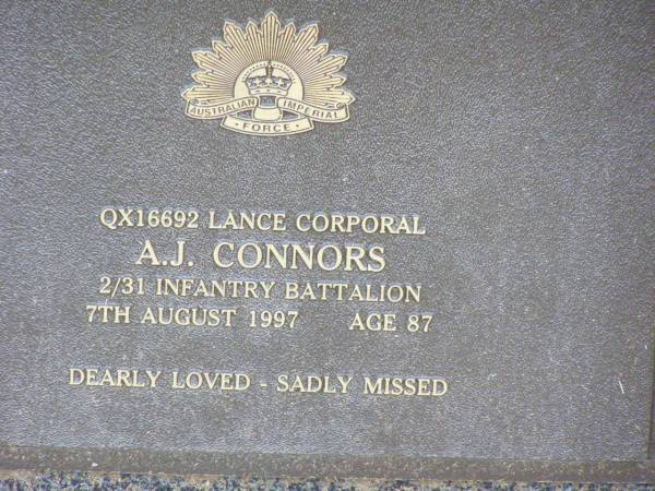 A.J. CONNORS,  | died 7 August 1997 aged 87 years;  | Edna Berth CONNORS,  | wife of A.J. (Dick) CONNORS,  | born 17-8-1919 died 11-5-2000;  | Ma Ma Creek Anglican Cemetery, Gatton shire  | 