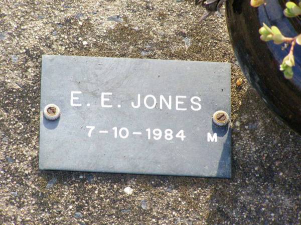 E.E. JONES, male,  | died 7-10-1984;  | Ma Ma Creek Anglican Cemetery, Gatton shire  | 