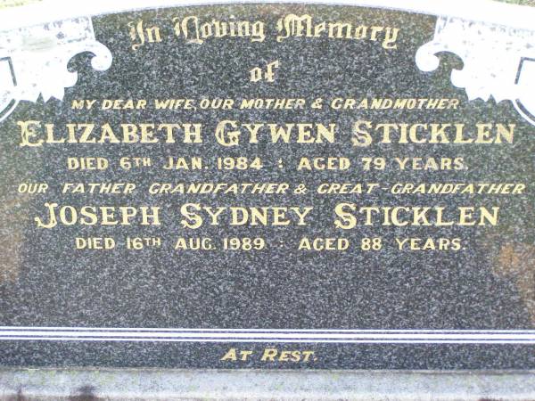 Elizabeth Gywen STICKLEN,  | wife mother grandmother,  | died 6 Jan 1984 aged 79 years;  | Joseph Sydney STICKLEN,  | died 16 Aug 1989 aged 88 years;  | Ma Ma Creek Anglican Cemetery, Gatton shire  | 