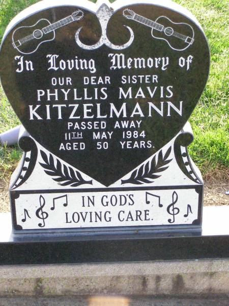 Phyllis Mavis KITZELMANN, sister,  | died 11 May 1984 aged 50 years;  | Ma Ma Creek Anglican Cemetery, Gatton shire  | 