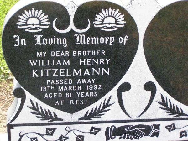 William Henry KITZELMANN, brother,  | died 18 Mar 1992 aged 81 years;  | Ma Ma Creek Anglican Cemetery, Gatton shire  | 