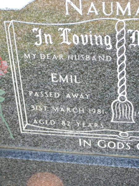 Emil NAUMANN, husband,  | died 31 March 1981 aged 82 years;  | Grace NAUMANN, wife,  | died 1 Oct 1987 aged 87 years;  | Ma Ma Creek Anglican Cemetery, Gatton shire  | 