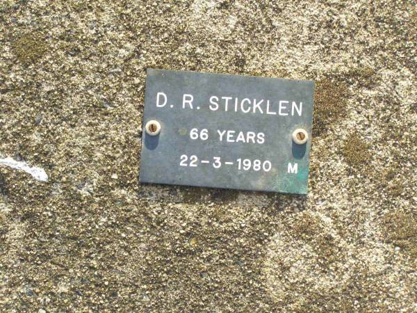 D.R. STICKLEN, male,  | died 22-3-1980 aged 66 years;  | Ma Ma Creek Anglican Cemetery, Gatton shire  | 