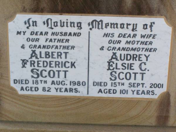 Albert Frederick SCOTT,  | husband father grandfather,  | died 18 Aug 1980 aged 82 years;  | Audrey Elsie C. SCOTT,  | wife mother grandmother,  | died 15 Sept 2001 aged 101 years;  | Ma Ma Creek Anglican Cemetery, Gatton shire  | 