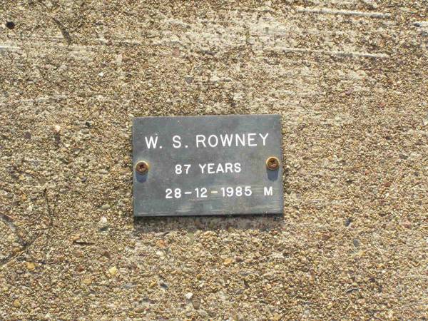 W.S. ROWNEY, male,  | died 28-12-1985 aged 87 years;  | Ma Ma Creek Anglican Cemetery, Gatton shire  | 