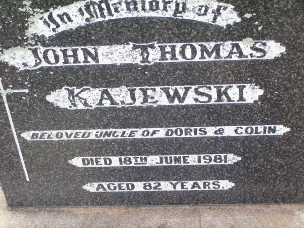 John Thomas KAJEWSKI, uncle of Doris & Colin,  | died 18 June 1981 aged 82 years;  | Ma Ma Creek Anglican Cemetery, Gatton shire  | 