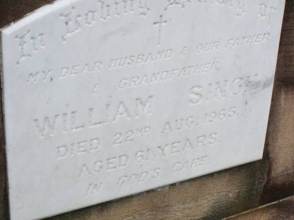 William SINGH, husband father grandfather,  | died 22 Aug 1965 aged 61 years;  | Ma Ma Creek Anglican Cemetery, Gatton shire  | 