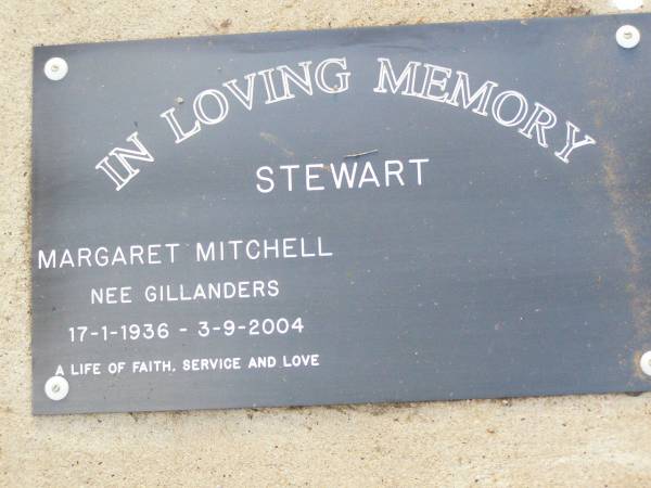Margaret Mitchell STEWART, nee GILLANDERS,  | 17-1-1936 - 3-9-2004;  | Ma Ma Creek Anglican Cemetery, Gatton shire  | 