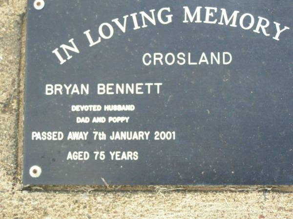 Bryan Bennett CROSLAND, husband dad poppy,  | died 7 Jan 2001 aged 75 years;  | Ma Ma Creek Anglican Cemetery, Gatton shire  | 