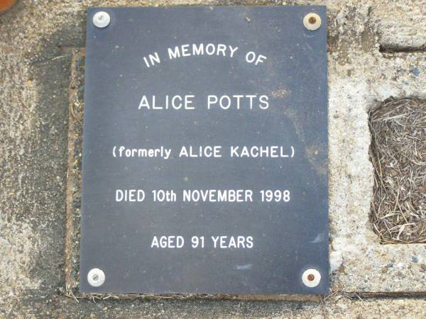 Alice POTTS, formerly Alice KACHEL,  | died 10 Nov 1998 aged 91 years;  | Ma Ma Creek Anglican Cemetery, Gatton shire  | 
