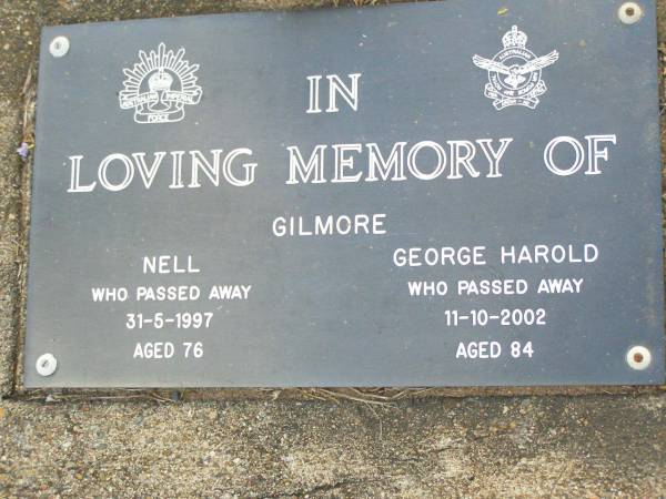 Nell GILMORE,  | died 31-5-1997 aged 76 years;  | George Harold GILMORE,  | died 11-19-2002 aged 84 years;  | Ma Ma Creek Anglican Cemetery, Gatton shire  | 