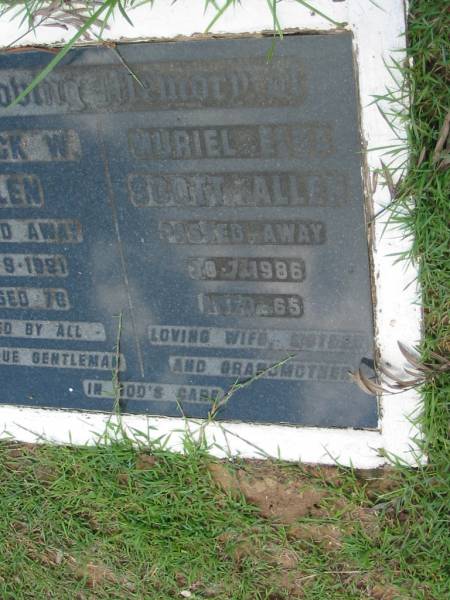 Frederick W. ALLEN,  | died 29-9-1991 aged 76;  | Muriel Elga Scott ALLEN,  | wife mother grandmother,  | died 30-7-1985 aged 65 years;  | Maclean cemetery, Beaudesert Shire  | 