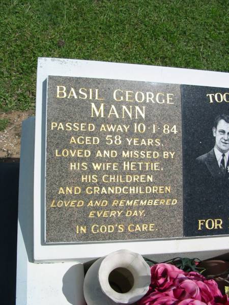 Basil George MANN,  | died 19-1-84 aged 58 years,  | wife Hettie;  | Henrietta MANN,  | died 28-6-95 aged 69 years,  | missed by children grandchildren great-grandchildren;  | Maclean cemetery, Beaudesert Shire  | 