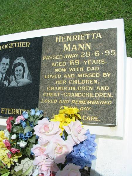 Basil George MANN,  | died 19-1-84 aged 58 years,  | wife Hettie;  | Henrietta MANN,  | died 28-6-95 aged 69 years,  | missed by children grandchildren great-grandchildren;  | Maclean cemetery, Beaudesert Shire  | 