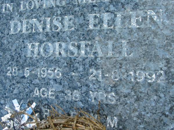 Denise Ellen HORSFALL,  | 28-5-1956 - 21-8-1992 aged 36 years;  | Maclean cemetery, Beaudesert Shire  | 