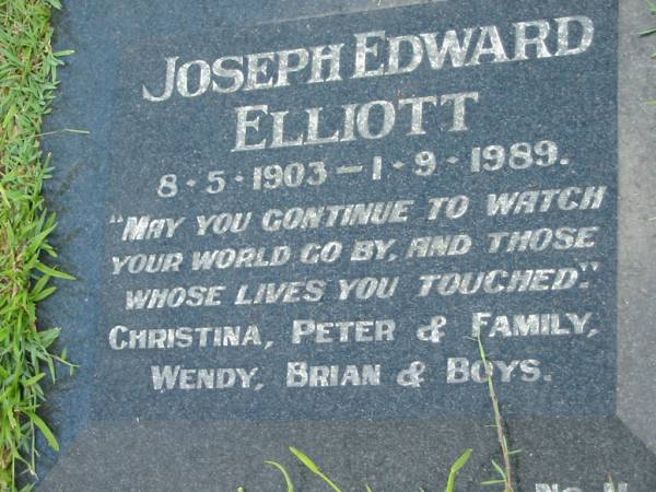 Joseph Edward ELLIOTT,  | 8-5-1903 - 1-9-1989,  | Christina, Peter & family,  | Wendy, Brian & boys;  | Maclean cemetery, Beaudesert Shire  | 