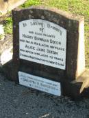 parents; Harry Bowman DIXON, died 19 Dec 1928 aged 49 years; Alice Jane DIXON, died 22 Nov 1956 aged 73 years; Quentin R. BURGESS, 3-1-46 - 12-1-36, grandson; Marburg Anglican Cemetery, Ipswich 