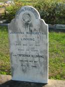 
Johanna Margretha LINNING, died 3 Dec 1897 aged 59 years;
Frederick W. LINNING, died 16 Nov 1927 aged 87 years;
Marburg Anglican Cemetery, Ipswich
