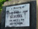 
Mabury Arnold John SCHUBEL, died 7 Jan 1975 aged 69 years;
Marburg Anglican Cemetery, Ipswich
