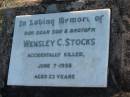 Wensley C. STOCKS, accidentally killed 7 June 1958 aged 23 years, son brother; Marburg Anglican Cemetery, Ipswich 