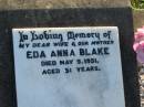 Eda Anna BLAKE, died 9 May 1951 aged 51 years, wife mother; Marburg Anglican Cemetery, Ipswich 