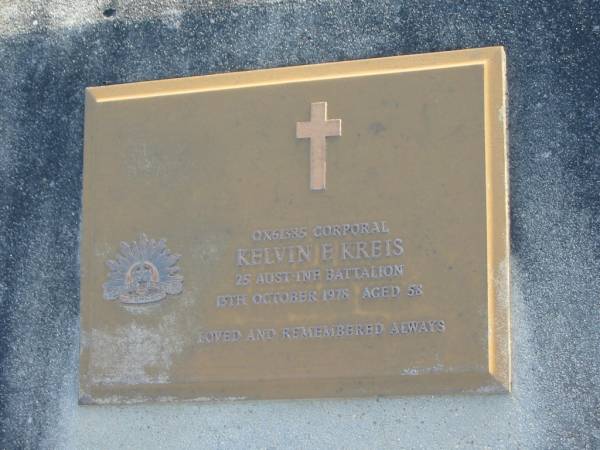 Kelvin F. KREIS, died 13 Oct 1978 aged 58;  | Marburg Anglican Cemetery, Ipswich  | 