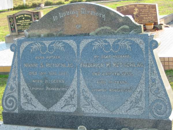 Minnie S. RETSCHLAG, died 19 Aug 1947 aged 71 years;  | Frederick W. RETSCHLAG, died 24 Feb 1935 aged 70 years;  | Marburg Anglican Cemetery, Ipswich  | 