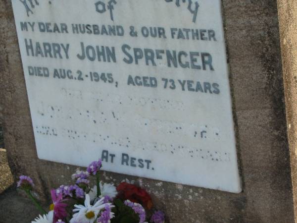Harry John SPRENGER, died 2 Aug 1945 aged 73 years, husband father;  | Johanna W. SPRENGER, died 21 Sept 1963? aged 88? years;  | Marburg Anglican Cemetery, Ipswich  | 