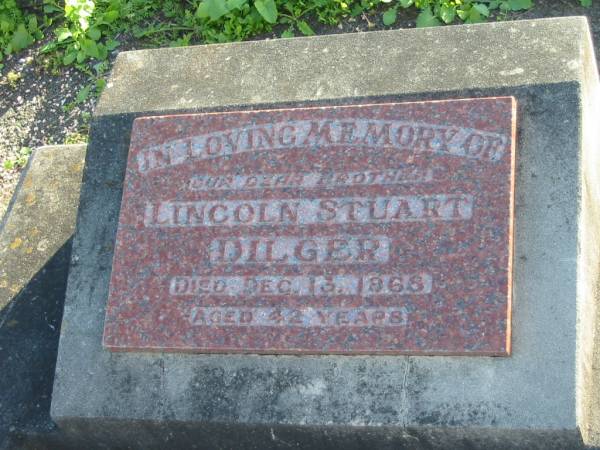 Lincoln Stuart DILGER, died 13 Dec 1968 aged 42 years, brother;  | Marburg Anglican Cemetery, Ipswich  | 