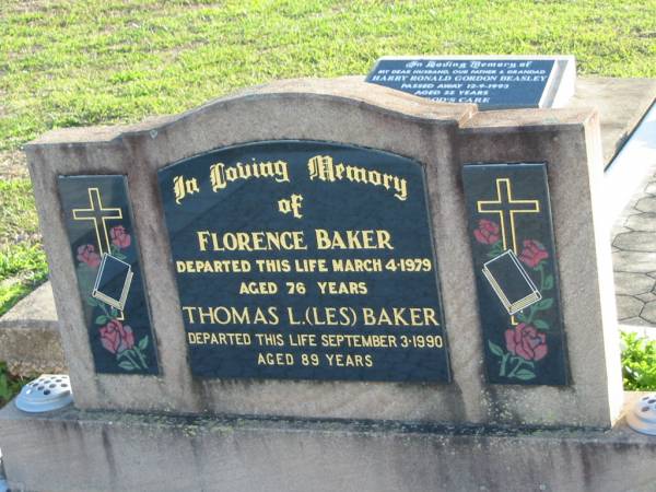 Florence BAKER, died 4 March 1979 aged 76 years;  | Thomas L. (Les) BAKER, died 3 Sept 1990 aged 89 years;  | Marburg Anglican Cemetery, Ipswich  | 