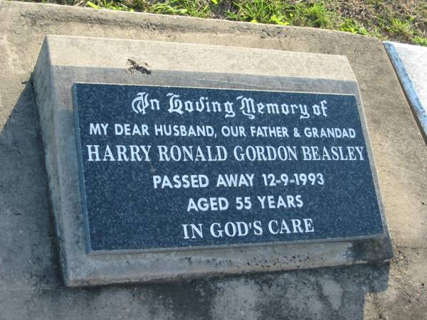Harry Ronald Gordon BEASLEY, died 12-9-1993 aged 55 years,  | husband father grandad;  | Marburg Anglican Cemetery, Ipswich  | 