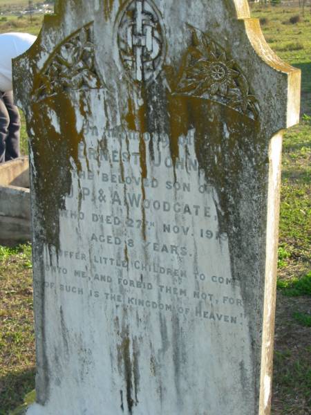 Ernest John, son of J.P. & A. WOODGATE,  | died 27 Nov 1915 aged 8 years;  | Marburg Anglican Cemetery, Ipswich  | 